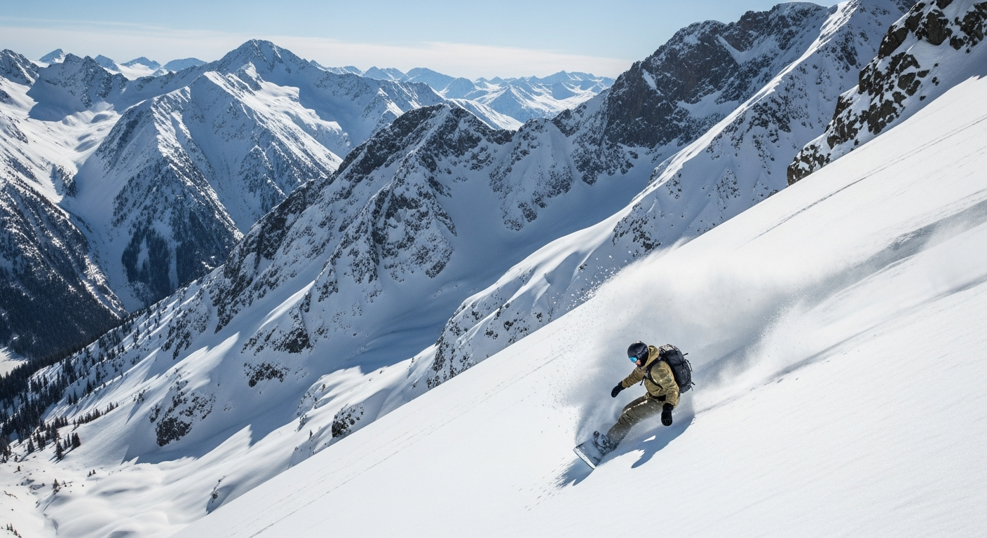 Snowboarder carving down a powdery alpine ridge