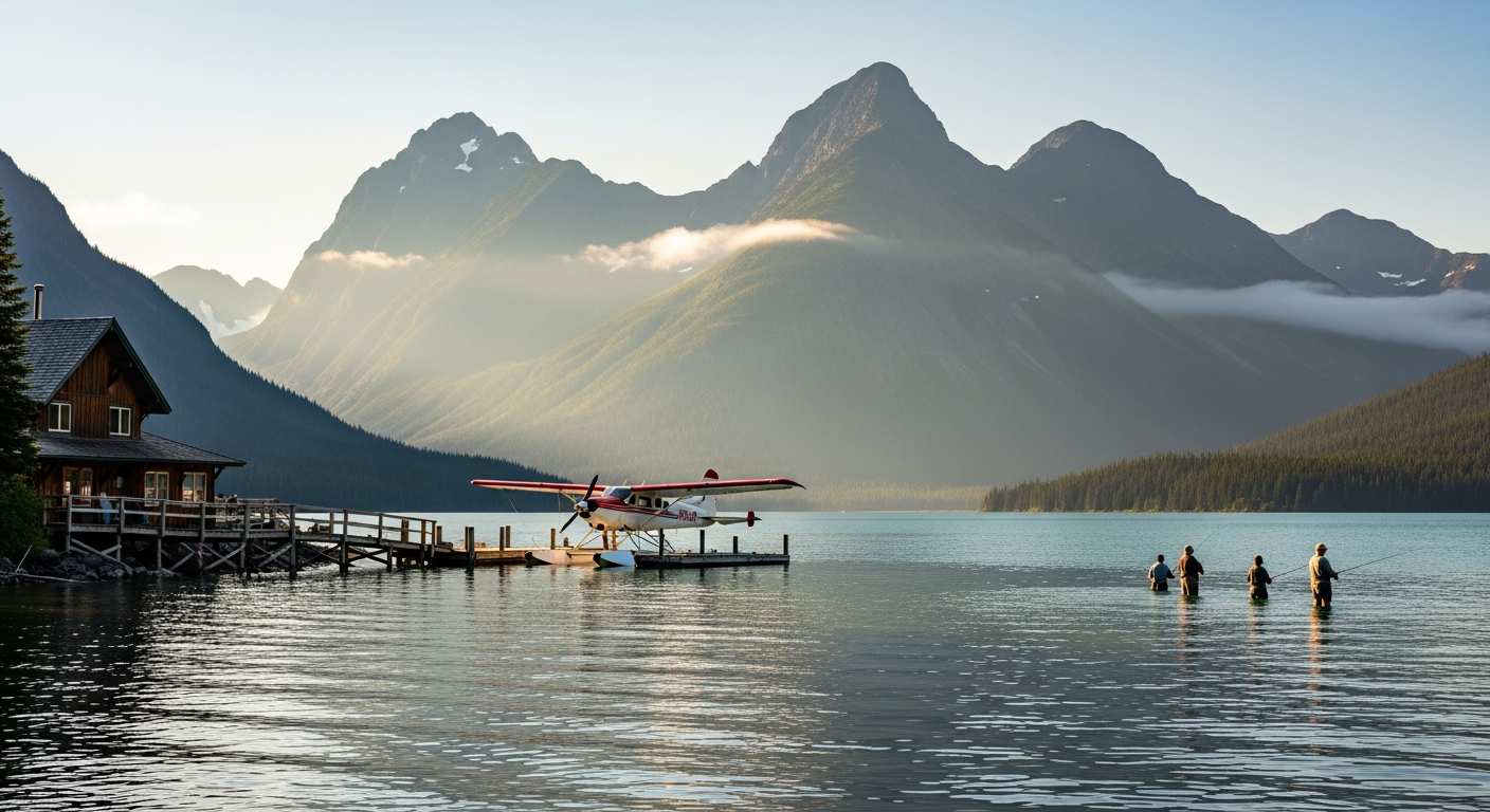 Backcountry fishing lodge with float plane in mountain range
